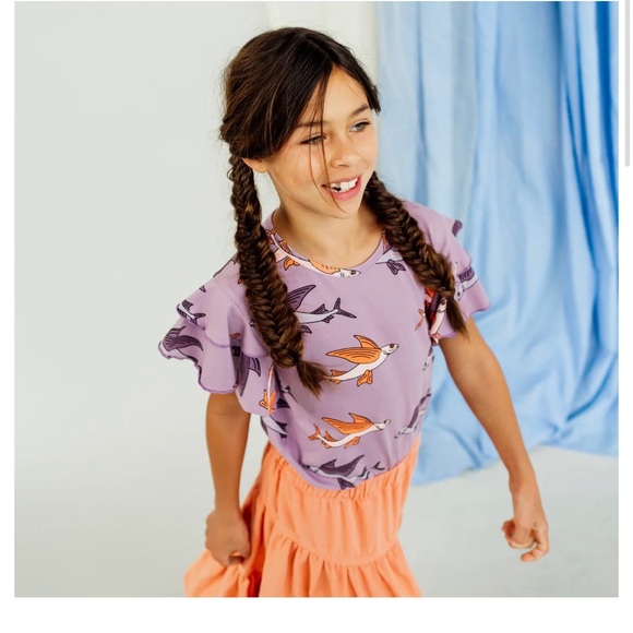 Kids' Ruffle Sleeve Top with Flying Fish Design - Lavender - Picture 2 of 3